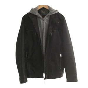 DH3 | Faux leather men’s bomber jacket, size large. Removable hood, full…